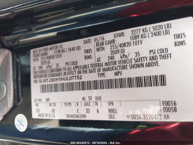 5LMTJ3DH1HUL07752 Lincoln Mkc Reserve