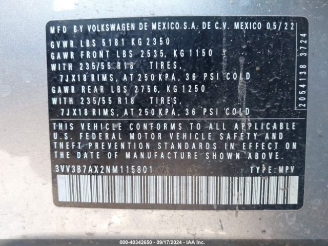 3VV3B7AX2NM115801 Volkswagen Tiguan 2.0t Se