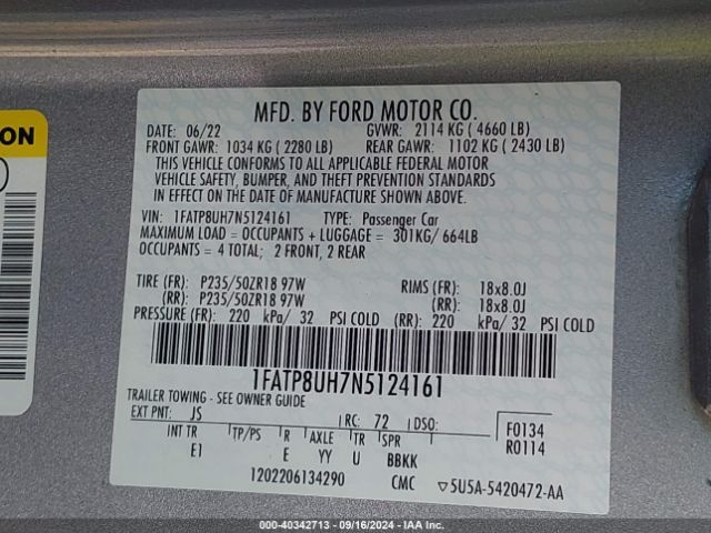 1FATP8UH7N5124161 Ford Mustang Ecoboost Premium