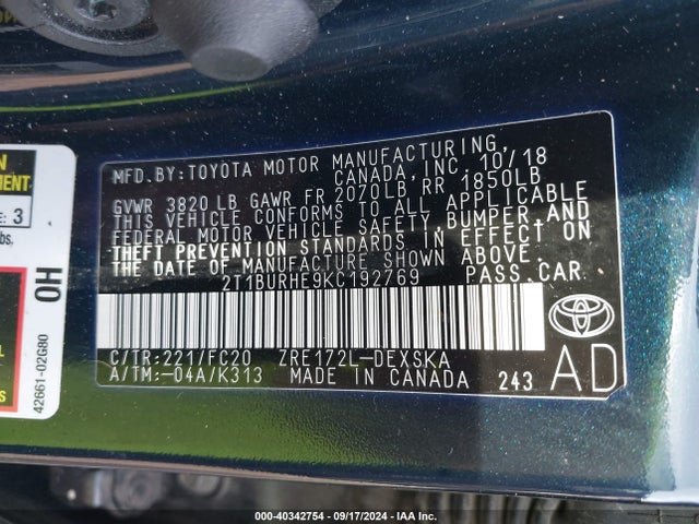 Toyota COROLLA SE 2019 2T1BURHE9KC192769 Image 9