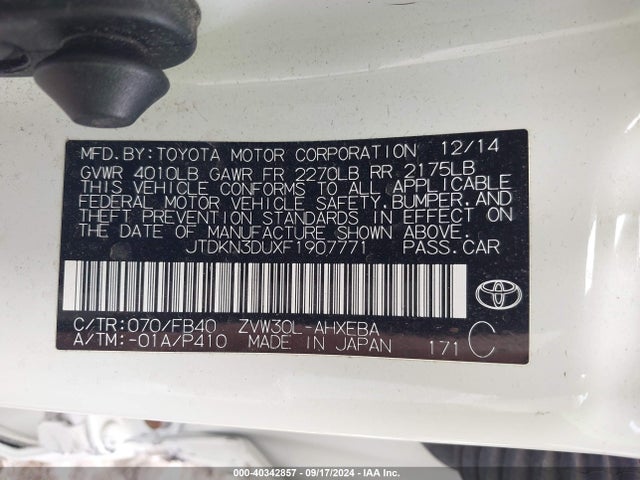 JTDKN3DUXF1907771 Toyota Prius Three