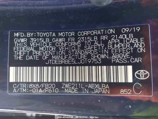 Toyota Corolla Hybrid Le 2020 JTDEBRBE5LJ019753 Image 9