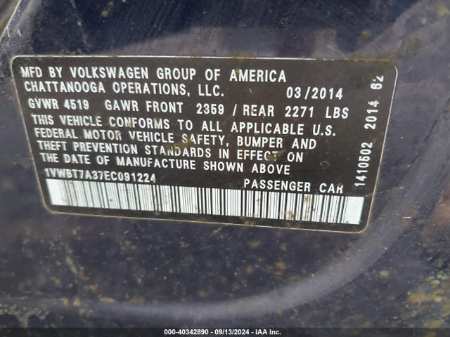 1VWBT7A37EC091224 Volkswagen Passat 1.8t Se