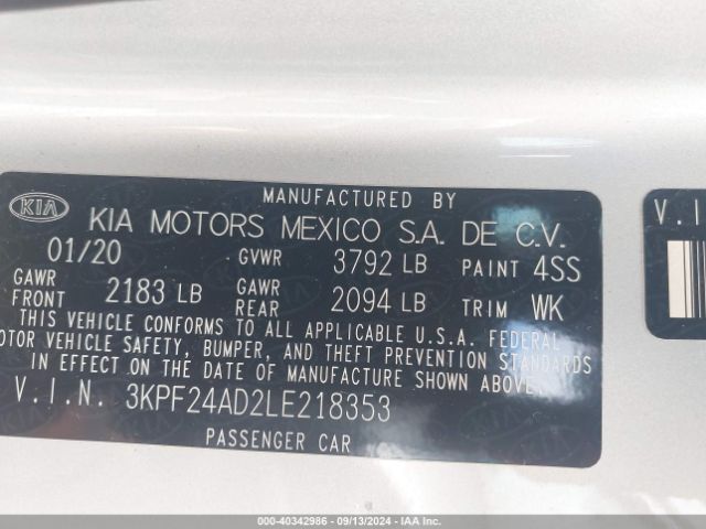 3KPF24AD2LE218353 KIA Forte Lxs