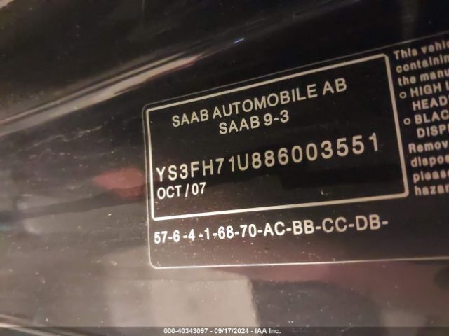 2008 SAAB 9-3 YS3FH71U886003551 Photo 8