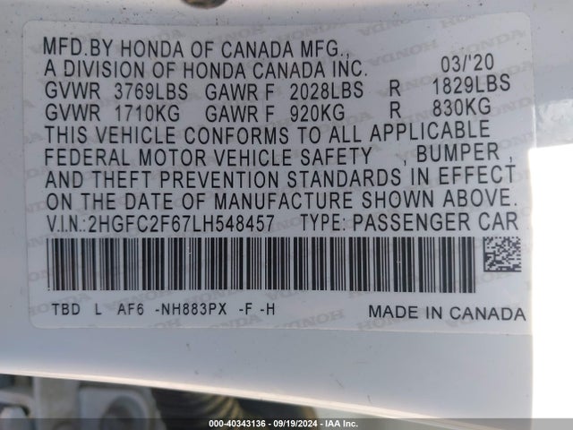 Honda Civic Lx 2020 2HGFC2F67LH548457 Image 9