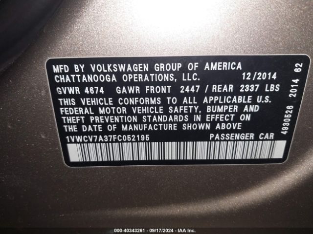 1VWCV7A37FC052195 Volkswagen Passat 2.0l Tdi Sel Premium