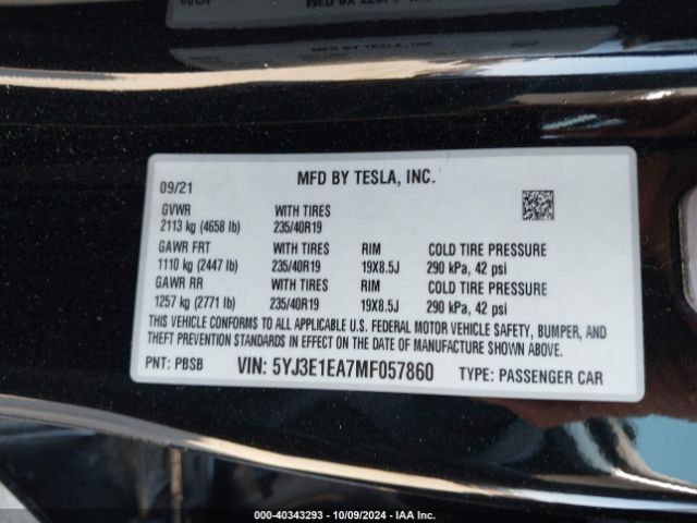 5YJ3E1EA7MF057860 Tesla Model 3 Standard Range Plus Rear-wheel Drive