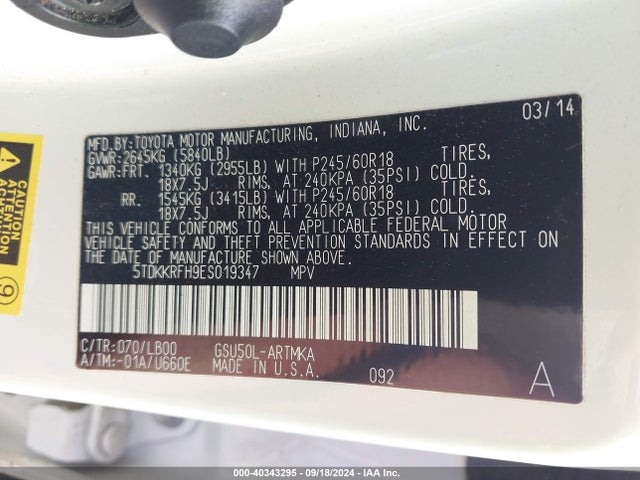 Toyota Highlander Xle V6 2014 5TDKKRFH9ES019347 Image 9