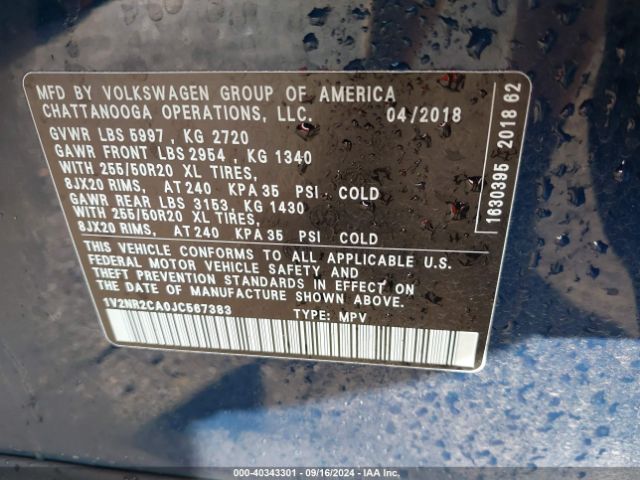 1V2NR2CA0JC567383 Volkswagen Atlas 3.6l V6 Sel Premium