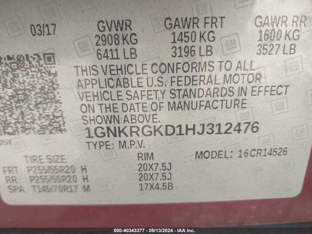 Chevrolet Traverse 1lt 2017 1GNKRGKD1HJ312476 Image 9