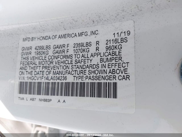 Honda ACCORD LX 2020 1HGCV1F14LA034236 Image 9