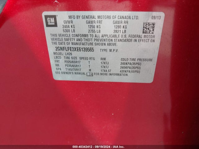 Chevrolet EQUINOX 1LT 2014 2GNFLFE3XE6139565 Image 9