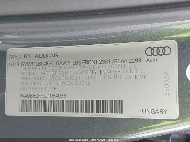 WAUB8GFF0J1064036 Audi A3 2.0t Premium/2.0t Tech Premium