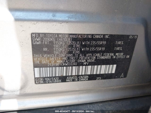 Toyota Rav4 Limited 2019 2T3Y1RFV3KW033340 Image 9