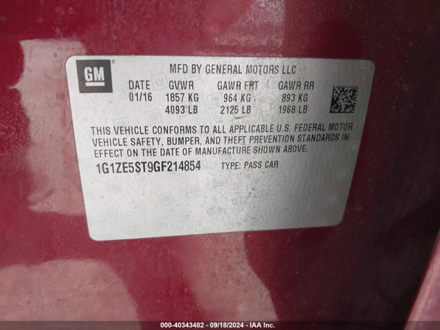 Chevrolet MALIBU 1LT 2016 1G1ZE5ST9GF214854 Image 9