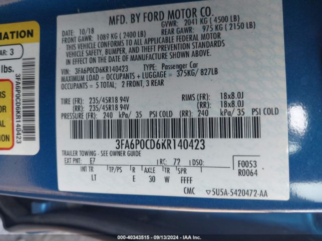 3FA6P0CD6KR140423 Ford FUSION SEL