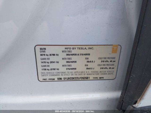 5YJXCDE22LF262681 Tesla Model X Long Range Dual Motor All-wheel Drive/long Range Plus Dual Motor All-wheel Drive