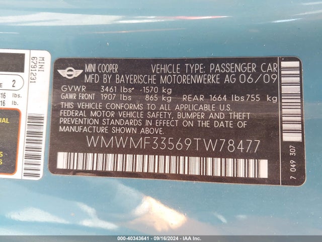2009 MINI COOPER WMWMF33569TW78477 Photo 8