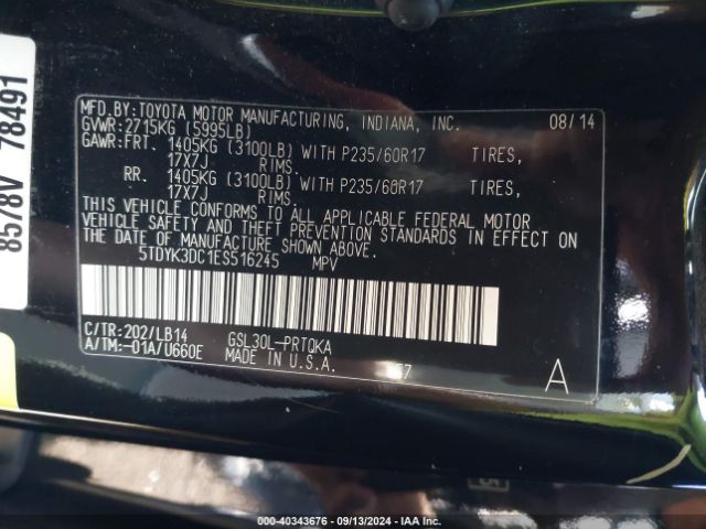 5TDYK3DC1ES516245 Toyota Sienna Xle V6 8 Passenger