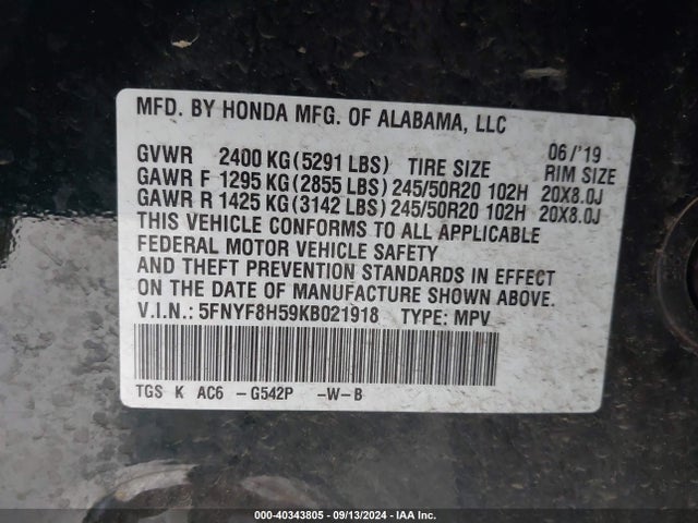 Honda Passport Ex-l 2019 5FNYF8H59KB021918 Image 9