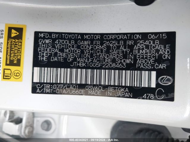 JTHBK1GG5F2208463 Lexus ES 350