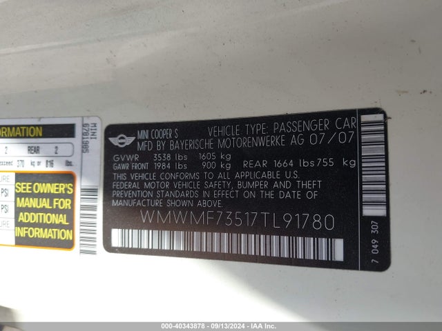 2007 MINI COOPER S WMWMF73517TL91780 Photo 8