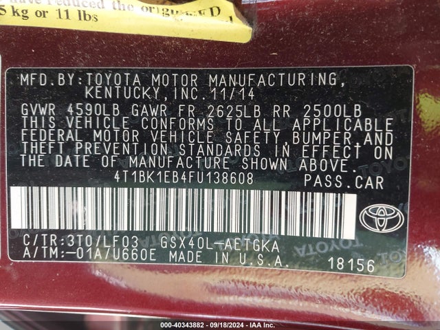 Toyota Avalon 2015 4T1BK1EB4FU138608 Image 9