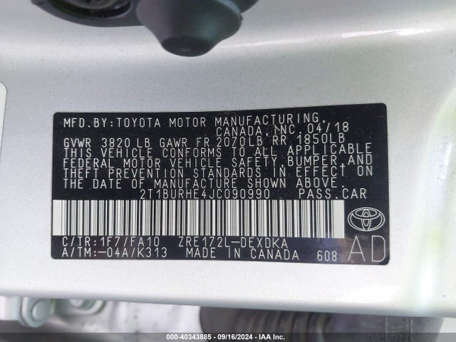 Toyota COROLLA L 2018 2T1BURHE4JC090990 Image 9
