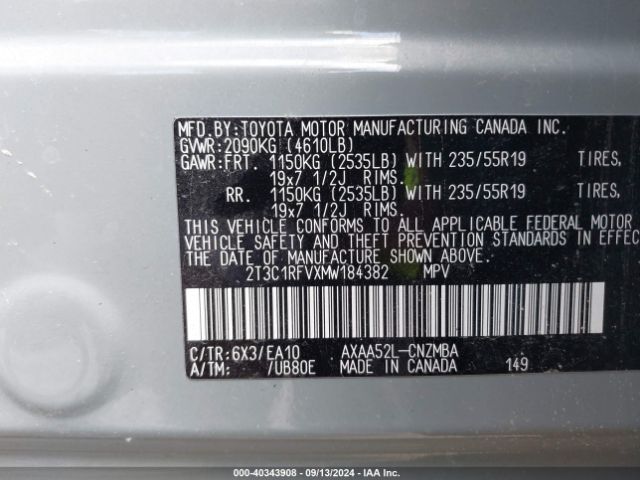 2T3C1RFVXMW184382 Toyota a25a-fks