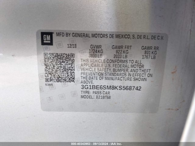 3G1BE6SM8KS568742 Chevrolet CRUZE LT