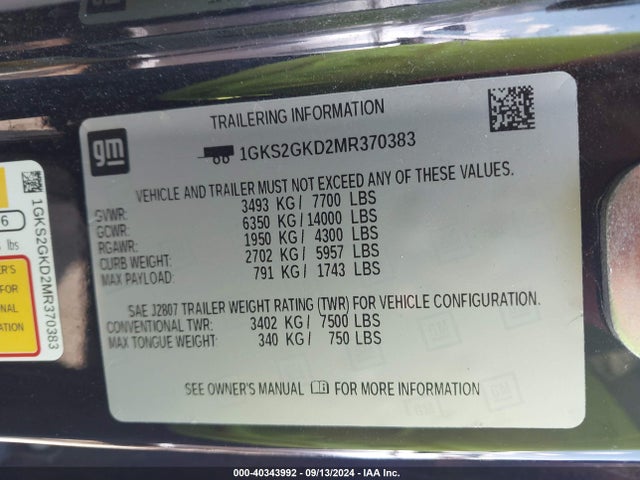 1GKS2GKD2MR370383 GMC Yukon Xl 4wd Slt