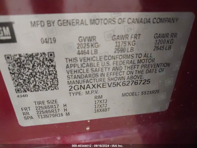 Chevrolet EQUINOX LT 2019 2GNAXKEV5K6276725 Image 9