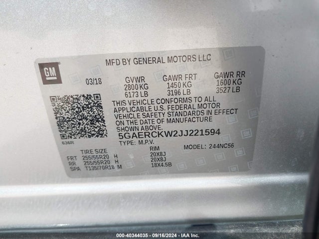 5GAERCKW2JJ221594 Buick Enclave Premium