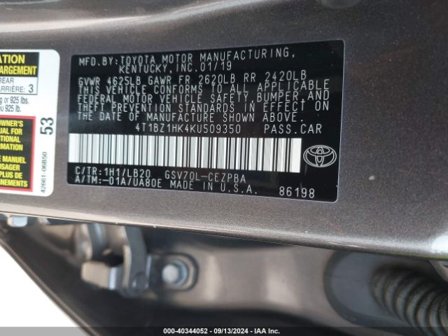 4T1BZ1HK4KU509350 Toyota Camry Xse V6