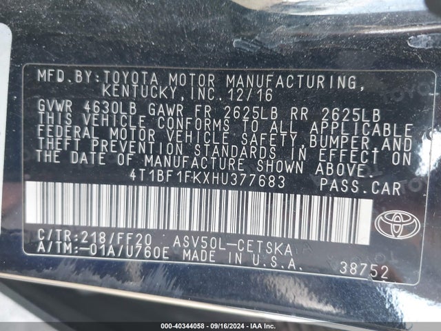 Toyota CAMRY SE 2017 4T1BF1FKXHU377683 Image 9