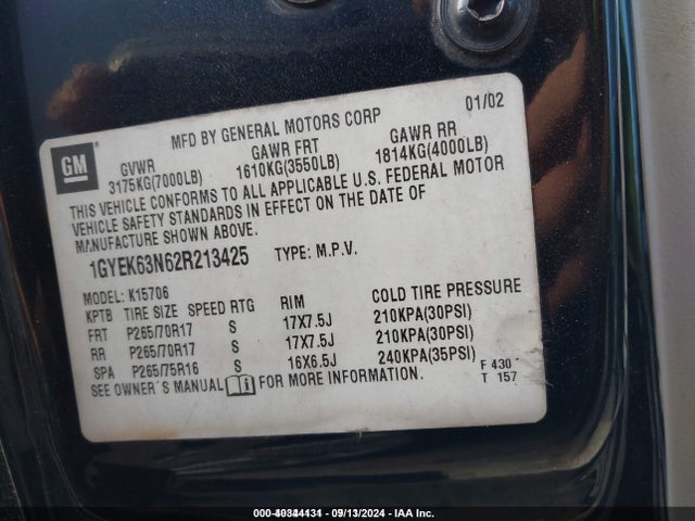 2002 CADILLAC ESCALADE 1GYEK63N62R213425 Photo 8
