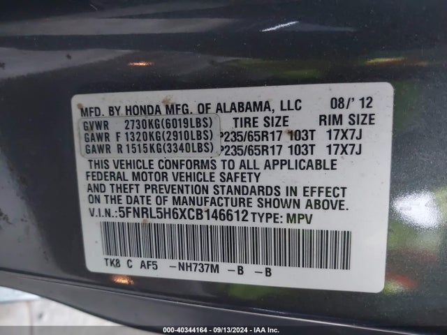 Aukcja sprzedaży 2012 Honda Odyssey Ex-l, vin: 5FNRL5H6XCB146612, numer aukcji: 40344164