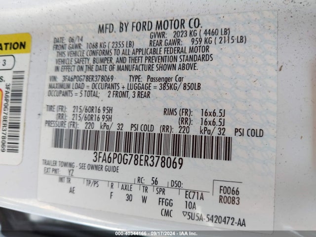 Ford FUSION S 2014 3FA6P0G78ER378069 Image 9