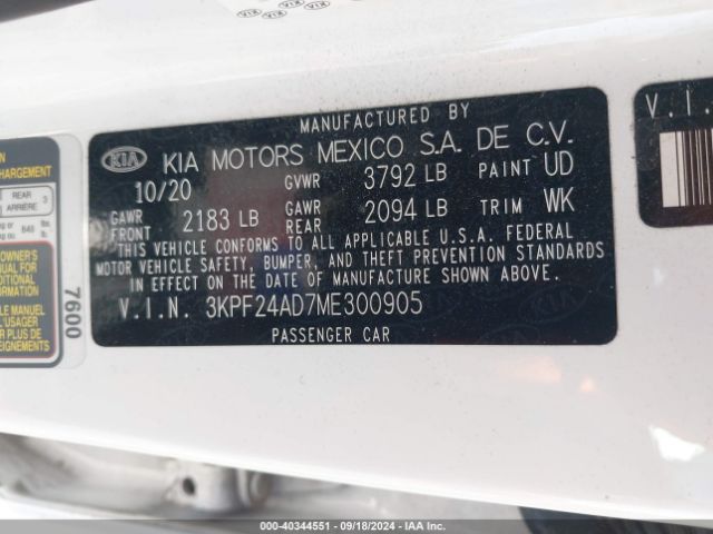 3KPF24AD7ME300905 KIA FORTE FE