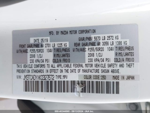JM3TCADYXK0327672 Mazda Cx-9 Grand Touring