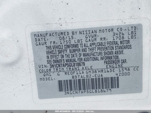 3N1CN7AP5GL818679 Nissan Versa 1.6 S/1.6 S+/1.6 Sl/1.6 Sv