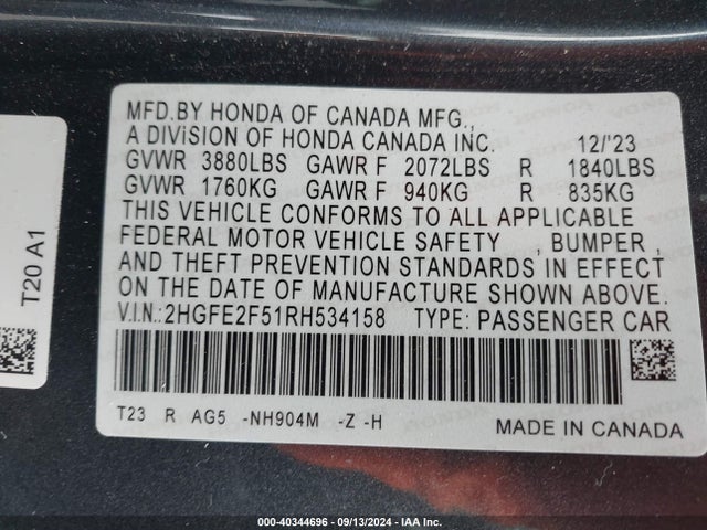 Honda Civic Sport 2024 2HGFE2F51RH534158 Image 9