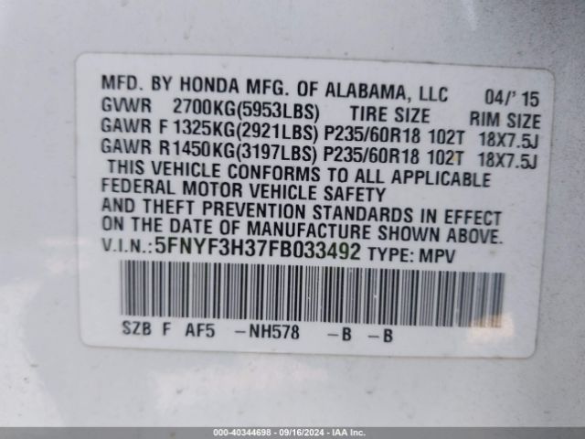 5FNYF3H37FB033492 Honda PILOT SE