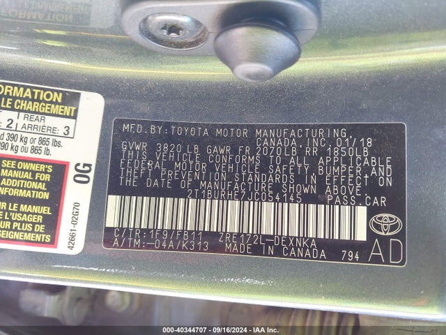 Toyota COROLLA LE 2018 2T1BURHE7JC054145 Image 9