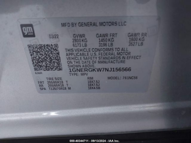 1GNERGKW7NJ156566 Chevrolet Traverse Fwd Lt Cloth