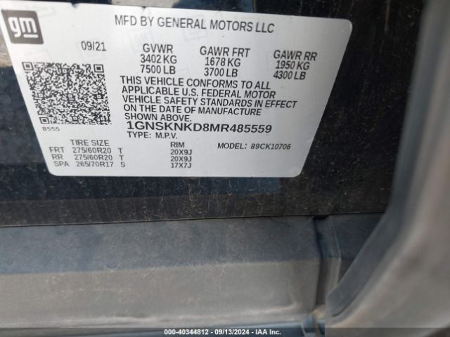 1GNSKNKD8MR485559 Chevrolet Tahoe 4wd Lt