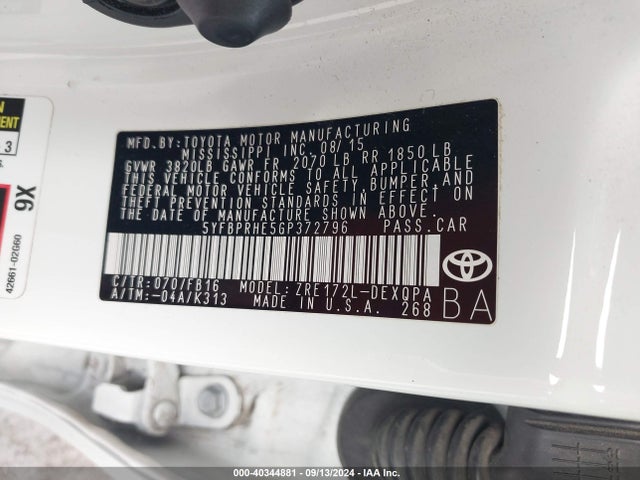 Toyota Corolla Le Eco 2016 5YFBPRHE5GP372796 Image 9