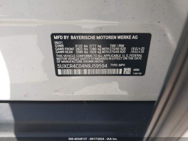 5UXCR4C04N9J59594 BMW X5 Sdrive40i