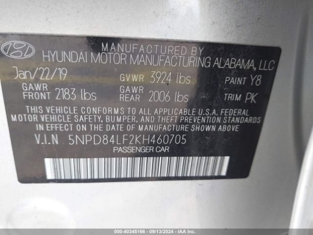 5NPD84LF2KH460705 Hyundai ELANTRA SEL